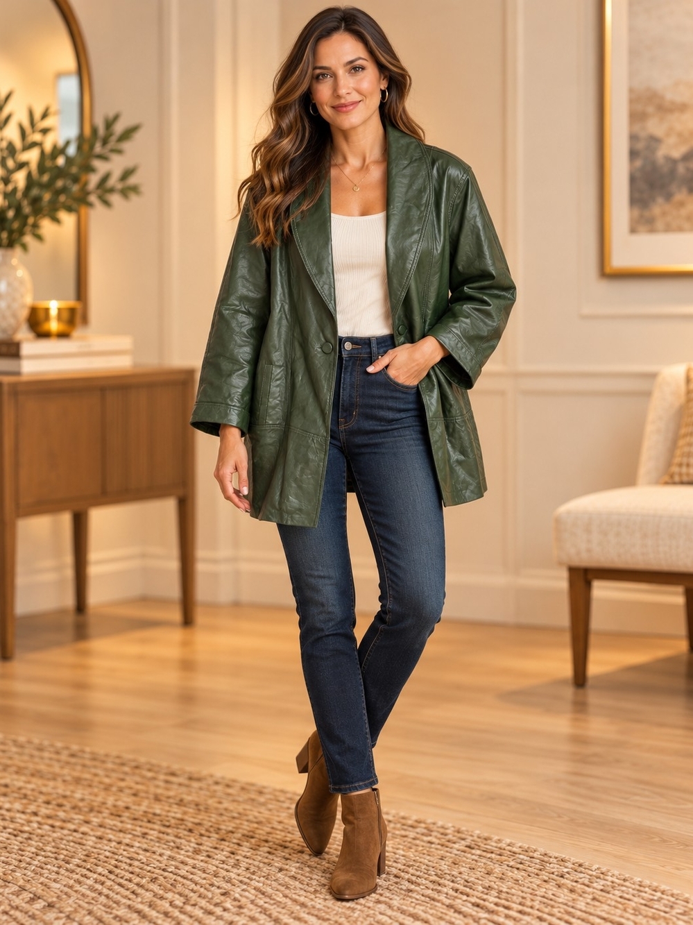Woman Within Plus Size 100% Genuine Leather Jacket Shawl Collar Green 20W